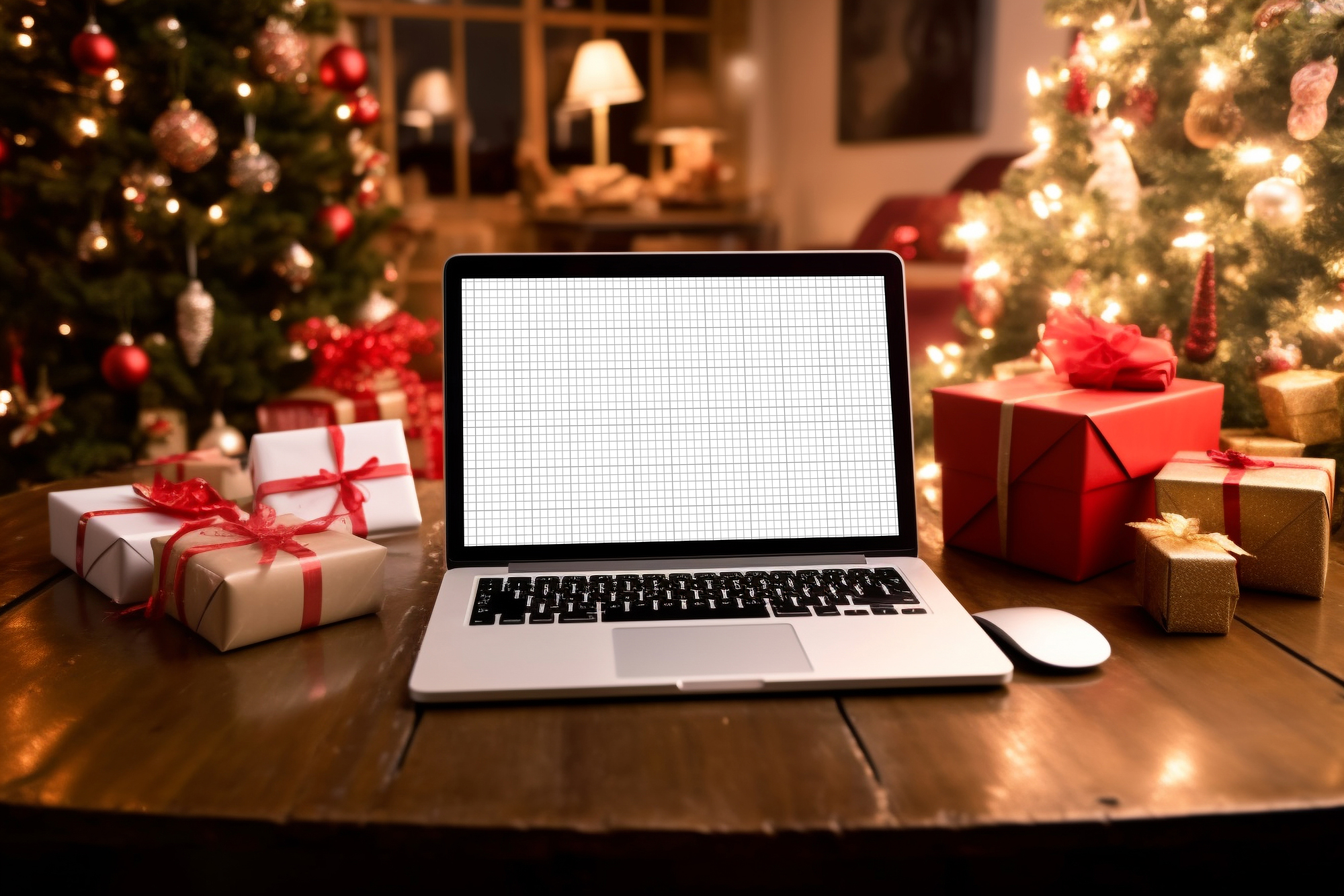 Free Download MacBook Mockup on Wooden Desk with Christmas Gifts grid