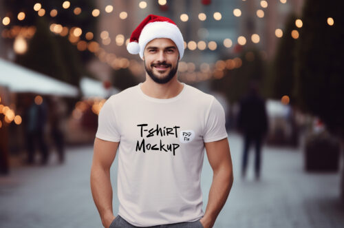 Man wearing Christmas t-shirt mockup front view