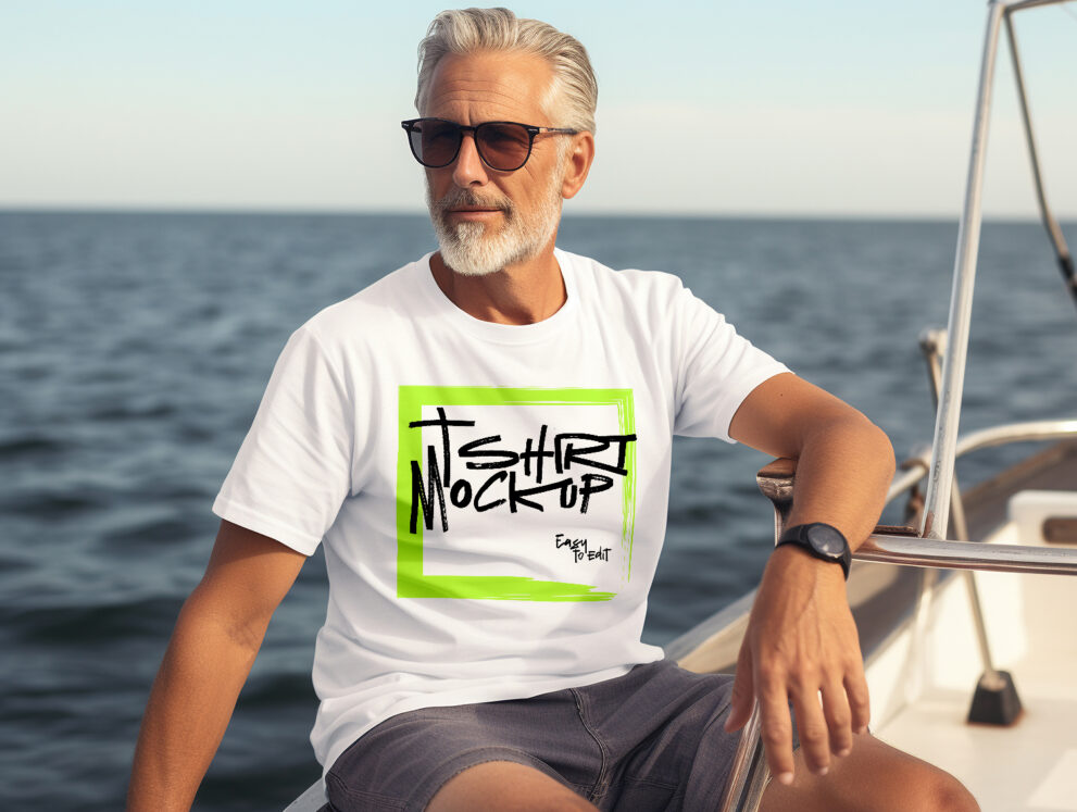 Man wearing t-Shirt mockup in a Boat-