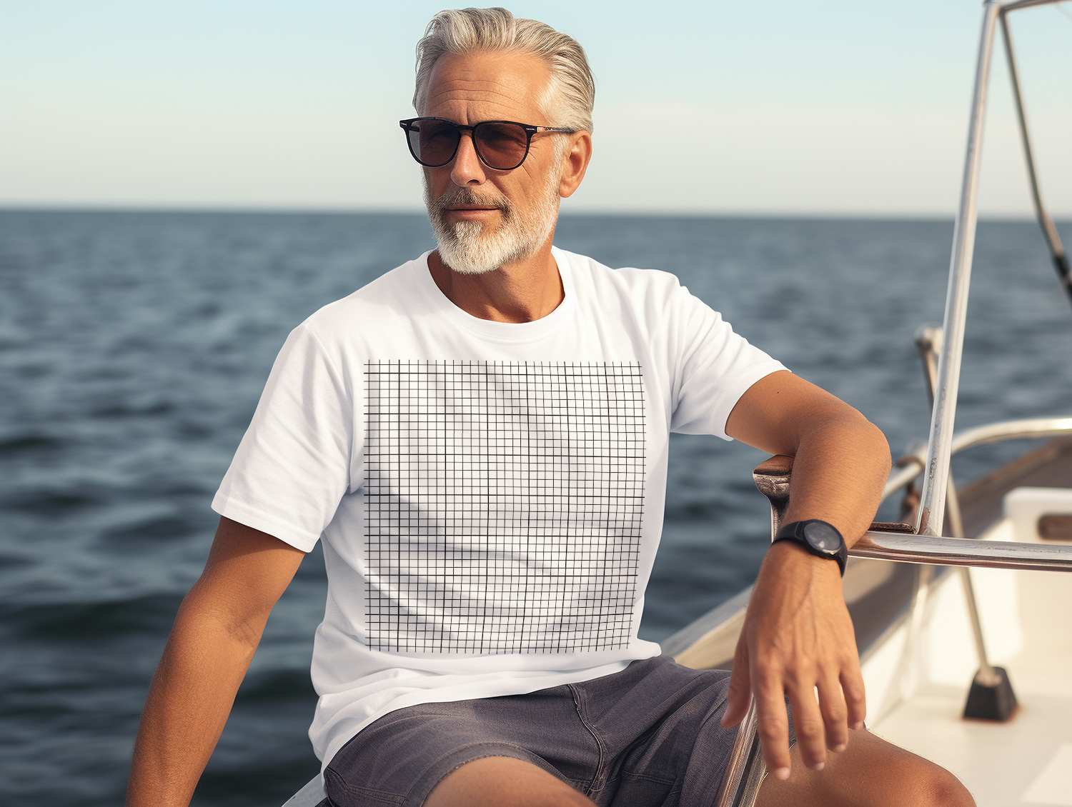 Free Download Man Wearing T-Shirt Mockup in a Boat grid