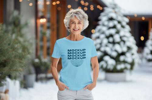 Old woman wearing christmas t-shirt mockup in snow covered yard