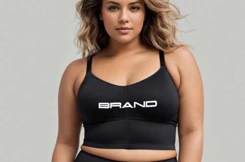 Plus size woman wearing sports bra mockup front view