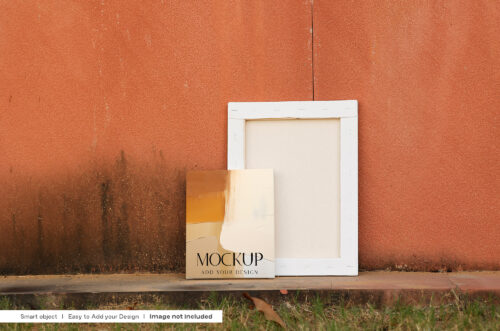 Rectangle canvas mockup standing near the cracked sandstone wall