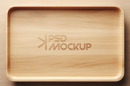 Rectangle wooden tray mockup on wooden floor top view