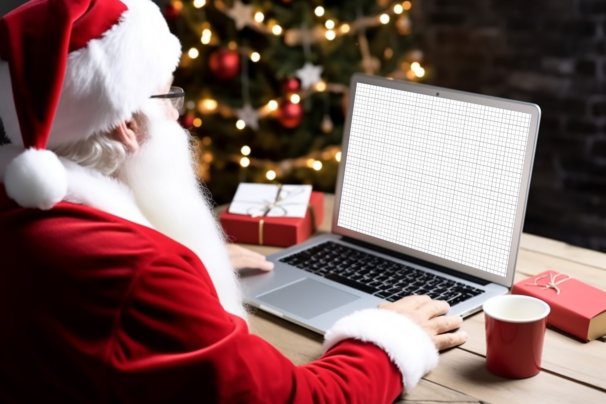 Free Download Santa Claus Using MacBook Mockup grid