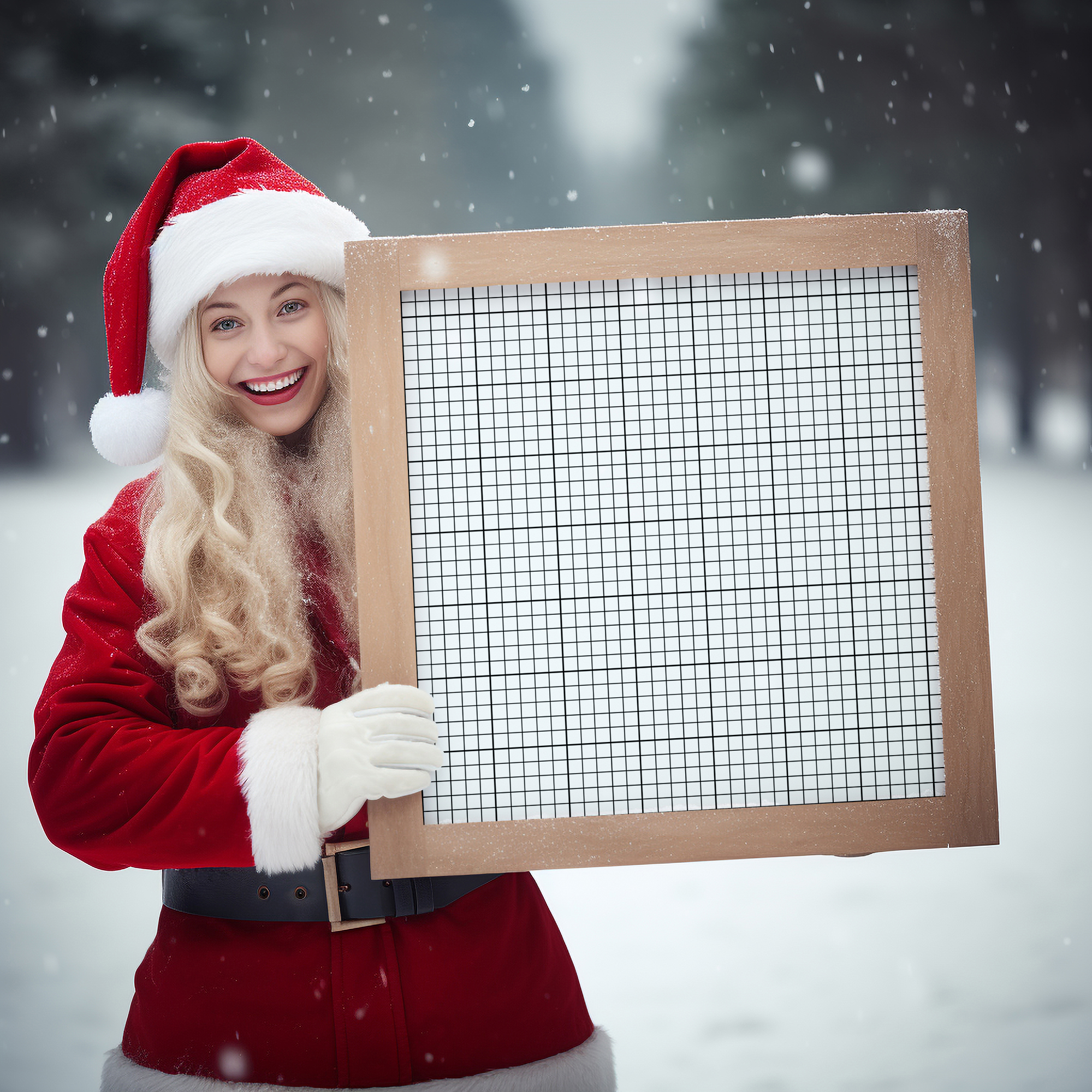Free Download Santa Girl Holding Wooden Frame Mockup grid