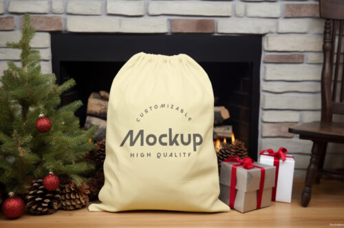 Santa sock mockup with christmas tree and gifts-