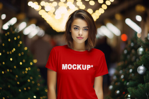 Short hair girl wearing christmas t-shirt mockup