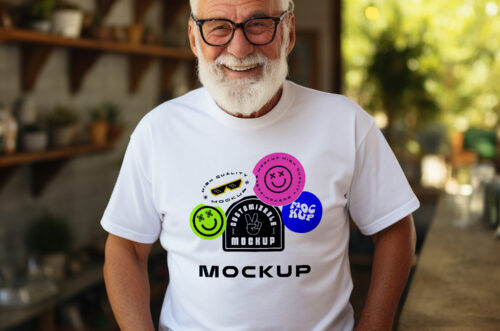 Smiling old man wearing t-shirt mockup front view-