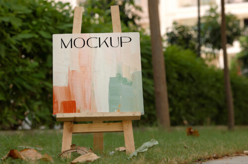 Square canvas mockup standing on easel