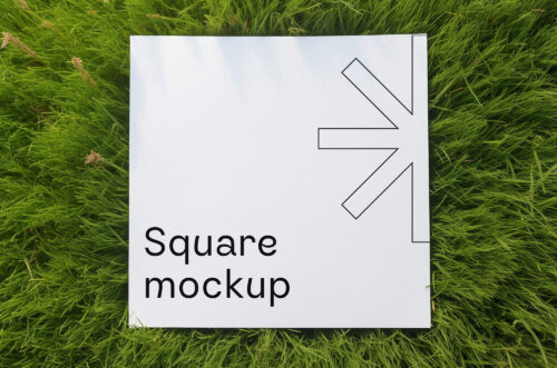 Square paper mockup on green grass