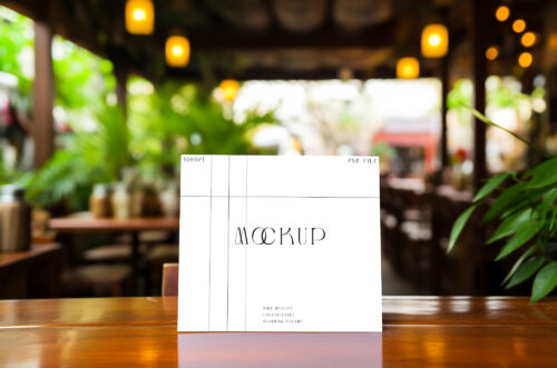 Square-paper-mockup-on-wooden-table-blur-background