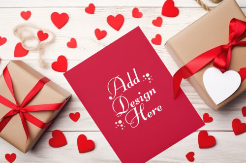 Valentine card mockup with heard and gifts-