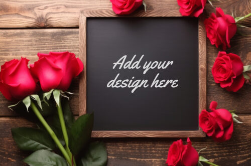 Valentine chalk board mockup red roses on wooden table