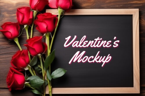 Valentine wooden frame mockup with roses