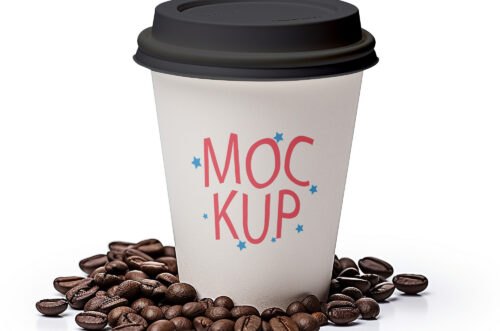 White Coffee Cup with Coffee Beans Mockup