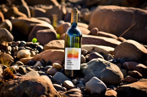 Wine lable bottle mockup on rocks