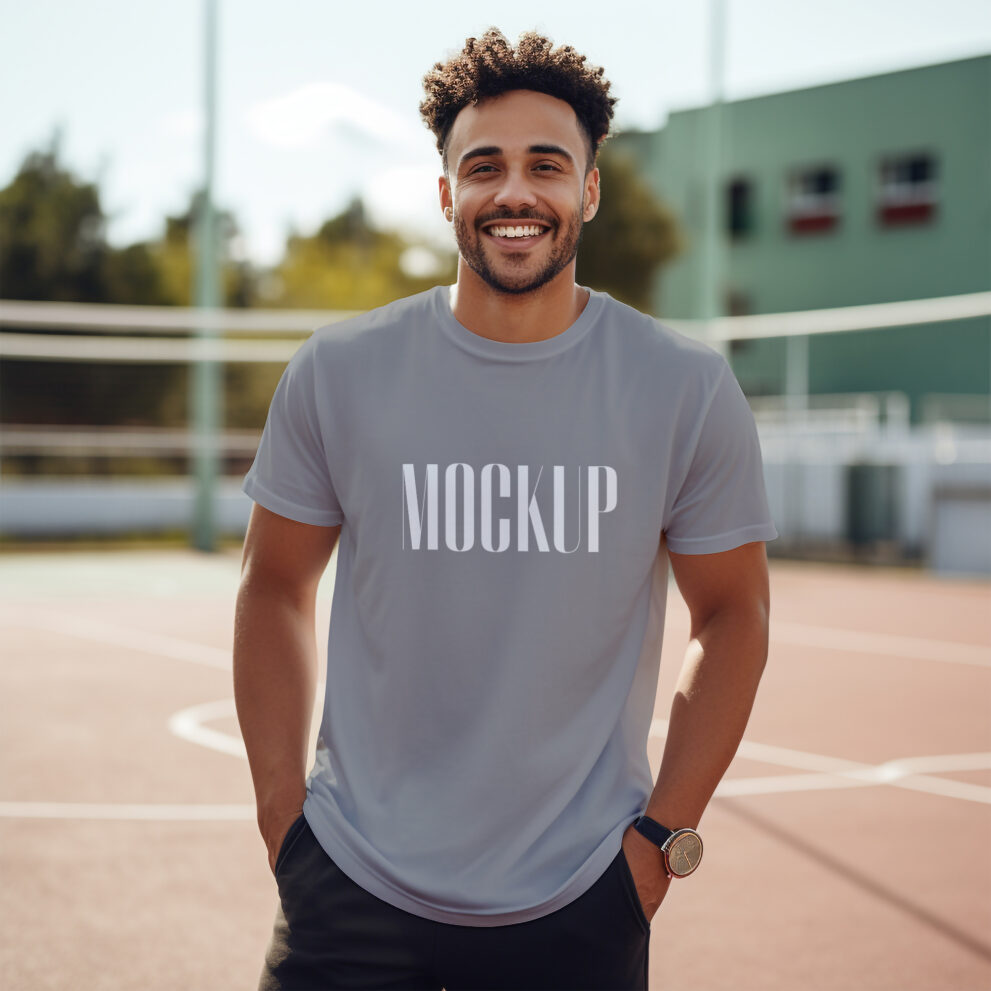 Young man t-shirt mockup with tennis court background