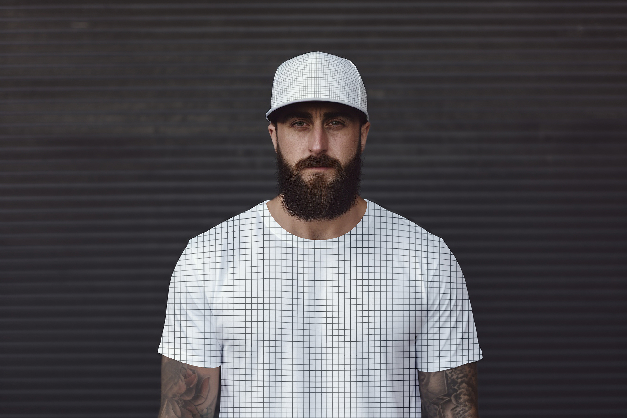  free Download Young man wearing t-shirt and cap mockup against dark background grid