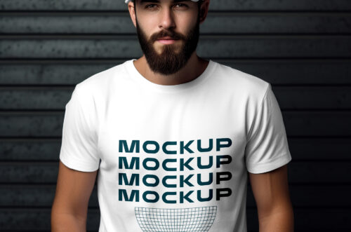 Young man wearing t-shirt and cap mockup front view