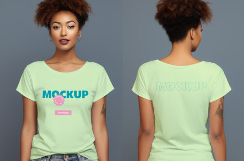 African woman wearing t-shirt mockup front and back view-