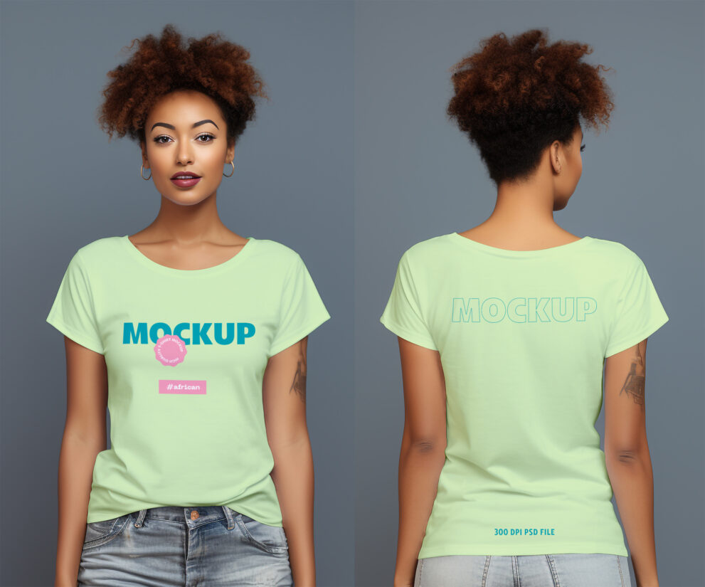African woman wearing t-shirt mockup front and back view-