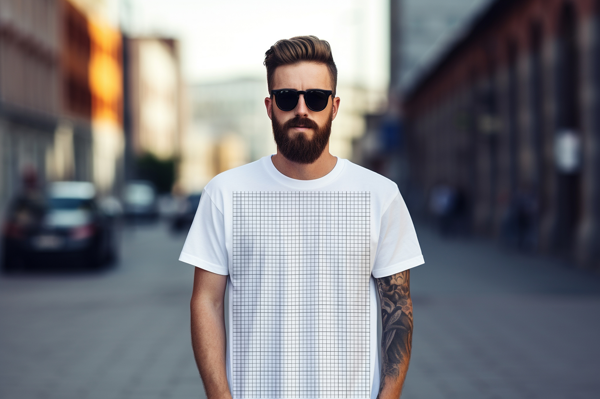 Beard man wearing t-shirt mockup on street grid