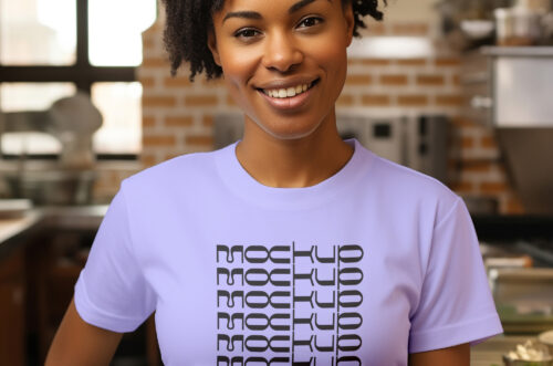 Black history month young woman wearing t-shirt mockup in kitchen-