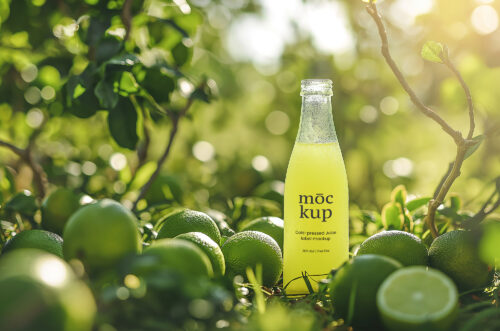 Lime juice bottle mockup lime farm scene-