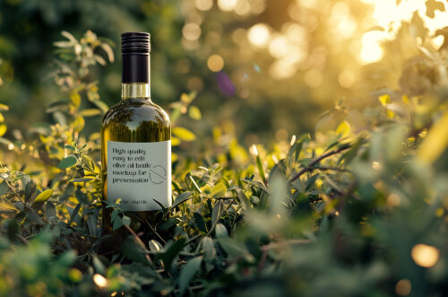 Olive oil label mockup in olive leaf