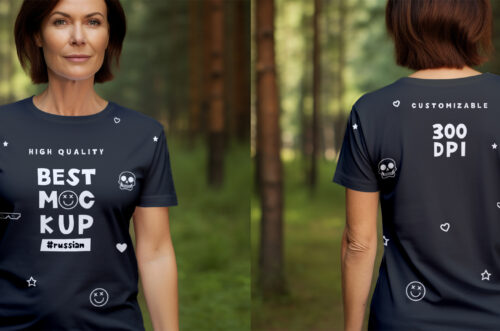 Senior russian women wearing t-shirt mockup in forest-