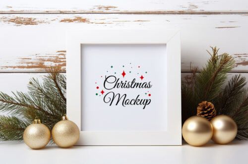 Small square frame mockup with Christmas decorations-