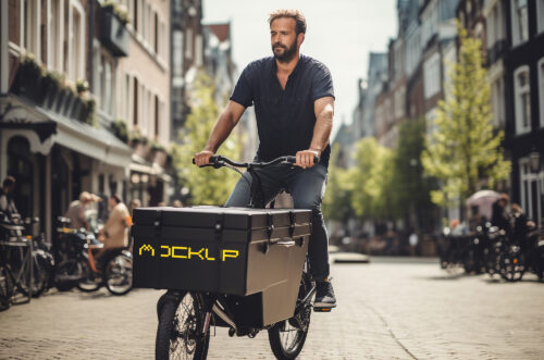 Free Download Delivery boy on E-cycle PSD mockup
