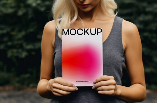 Free Download female holding book design mockup