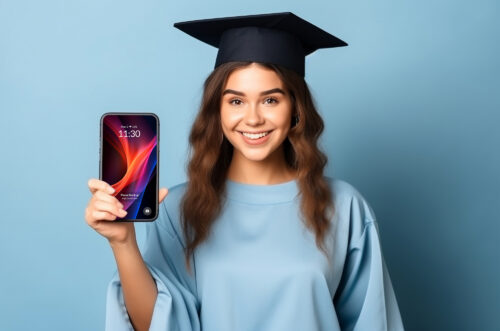 Free Download Female with graduation cap holding phone mockup