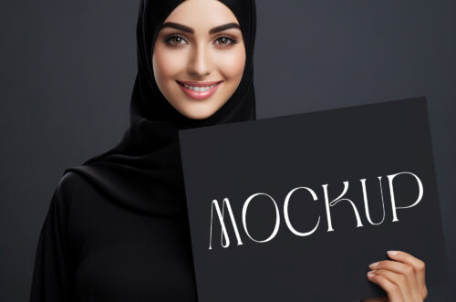 Free Download Islam woman holding black paper mockup