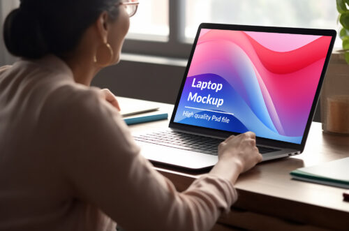 Free Download Lady using laptop design mockup