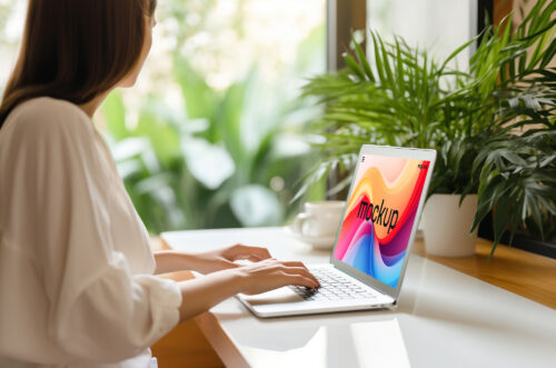 Free Download Lady working on MacBook mockup