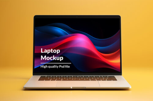 Free Download MacBook PSD mockup yellow backgroud