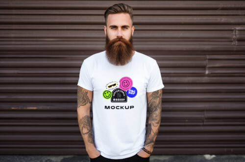 Man Standing in Front of Shop T-shirt Mockup
