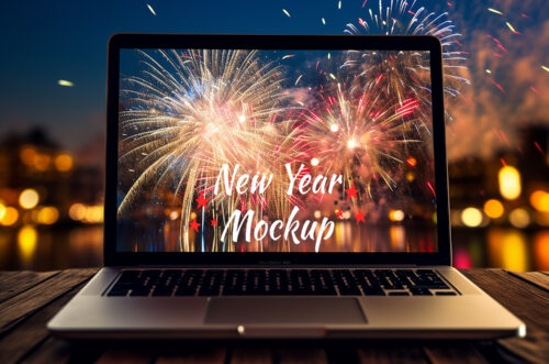 Free Download New year laptop PSD mockup-