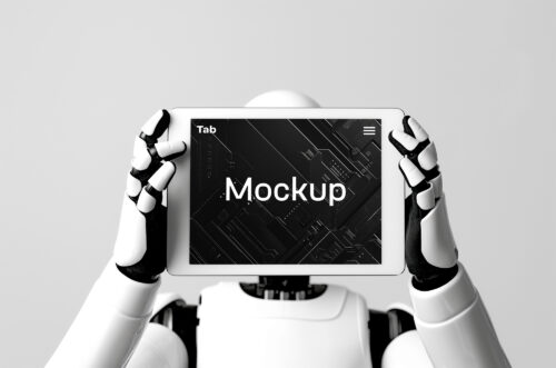 Free Download Robot holding tab PSD mockup