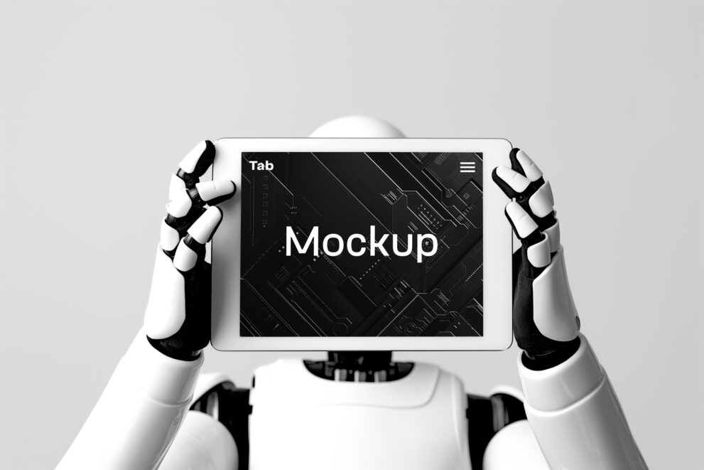 Free Download Robot holding tab PSD mockup