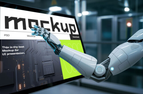 Free Download Robot working on screen mockup