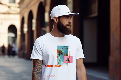 Free Download Tattooed man t-shirt and cap mockup