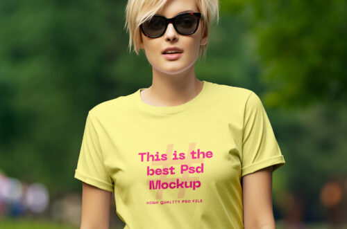 Free Download Woman t-shirt mockup in park-