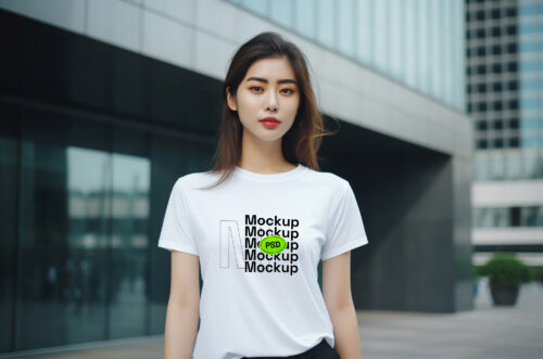 Free Download Woman wearing t-shirt PSD mockup outdoor