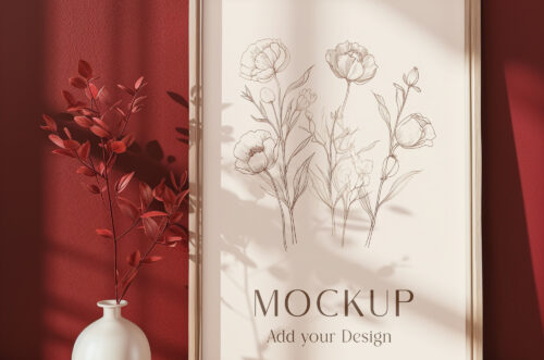 Free Download Wooden frame mockup on red wall