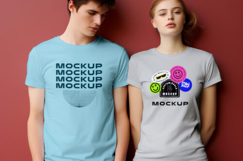 Free Download Young man and woman wearing t-shirt mockup-