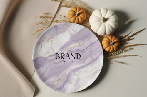 Free Download ceramic plate mockup with halloween pumpkins